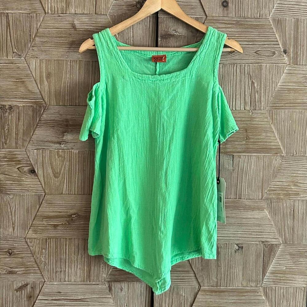 NWT Oh My Gauze! Dana Top S/M Green Pointed Hem Open Shoulder